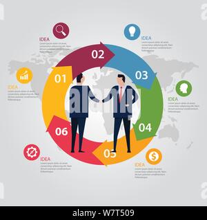 Passo cerchio info-mondo grafico mappa colore. La gente di affari accordo handshake permanente indossando suite formale. Vettore di concetto Illustrazione Vettoriale