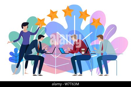 Cinque stelle business team di lavoro parlare insieme a big conference desk. Immagine su sfondo bianco. Illustrazione Vettoriale