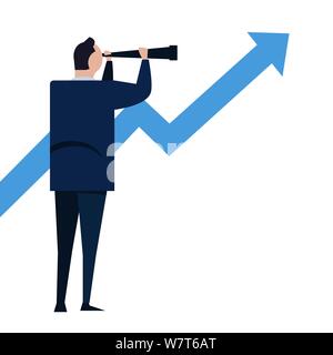 Imprenditore guarda attraverso un telescopio sulla crescita freccia. Visione e concetto di crescita. Il concetto di Business cartoon illustrazione Illustrazione Vettoriale