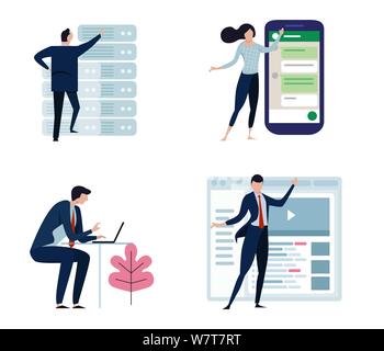 Set di uomini di affari o gli impiegati, uomo e donna, in vari personaggi e attività, design semplice. big smart phone, server internet e Illustrazione Vettoriale