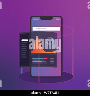 Intelligence e business analytics con indicatori di prestazioni chiave cruscotto concetto. digital smart phone mobile di dati dell'applicazione. Moderno e futuristico Illustrazione Vettoriale