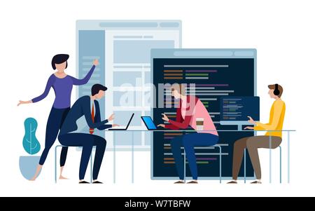 Lo sviluppo di programmazione e tecnologie di codifica. Sito web design. Programmatore pagine lavora in un software di sviluppare società office in un lavoro di squadra. Illustrazione Vettoriale