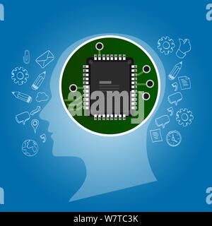 Intelligenza artificiale. Testa umana delineare con scheda di circuito chip processore interno. Tecnologia e concetto elettronico. Illustrazione Vettoriale