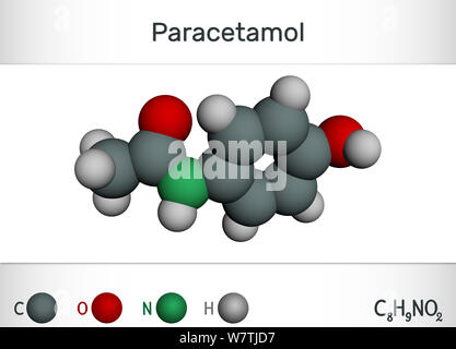 Il paracetamolo acetaminophen molecola di farmaco. Formula chimica e la molecola modello. Il rendering 3D Foto Stock