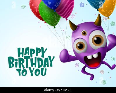 Buon compleanno bigliettino sfondo vettoriale. Scary monster character holding palloncini colorati in sfondo blu con buon compleanno testo.. Illustrazione Vettoriale
