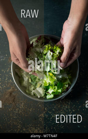 Materie e la foto modificata di un uomo preparare una insalata, foto raw nella metà di sinistra e il modificato sulla metà destra Foto Stock