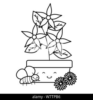 Fiori da Giardino piante in vaso con insetti volanti in stile kawaii illustrazione vettoriale design Illustrazione Vettoriale