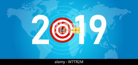 2019 Anno nuovo syombol target di puntamento dart per i media online di targeting e strategia di marketing, sfondo blu world wide illustrazione isolato Illustrazione Vettoriale