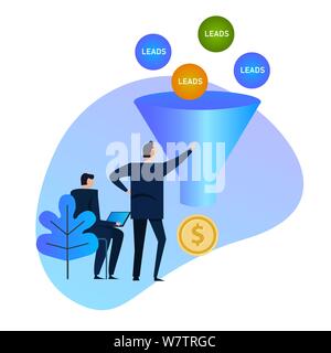 Lead Generation. Imbuto di vendita. sfere entrando in un imbuto di conversione e quindi l'uscita come denaro, concettuale Business o concetto di marketing Illustrazione Vettoriale