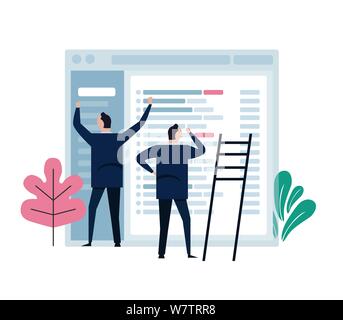 Concetto di lavoro di squadra rappresentano in caratteri piccoli lavorando sul grande applicazione di posta elettronica sullo schermo. Sviluppare la gestione software design. Illustrazione Vettoriale