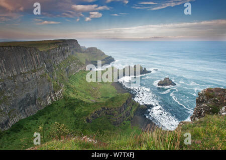 Paesaggio e scogliere sulla costa di Causeway, contea di Antrim, Irlanda del Nord, Regno Unito, settembre 2013. Foto Stock