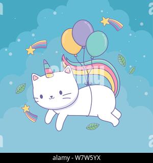 Cute cat con coda arcobaleno e palloncini elio kawaii carattere illustrazione vettoriale Illustrazione Vettoriale