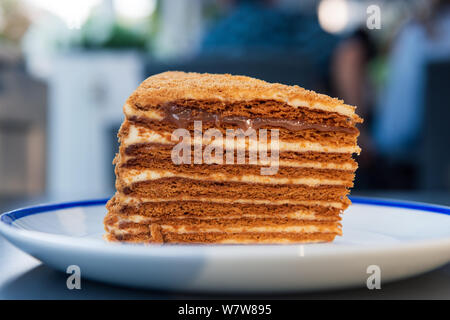 La deliziosa torta di miele con caramello salato gocciolare dallo strato superiore. Brown dessert con crema. Servita in una piastra bianca. Foto Stock