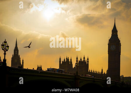 Il sole che tramonta dietro le case del Parlamento e il Big Ben presso il Palazzo di Westminster, Londra Centrale