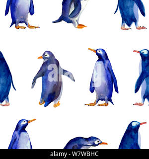 Acquerello disegnato a mano modello senza giunture di diversi pinguini blu isolato su sfondo bianco. Design per bambini illustrazione, sfondi, decor. Foto Stock