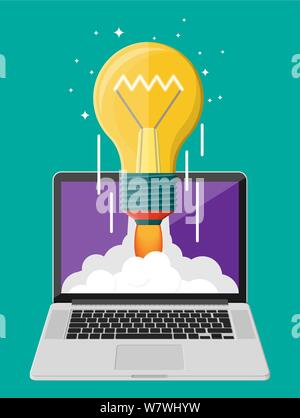 La luce della lampadina idea lancio nello spazio dal computer portatile Illustrazione Vettoriale