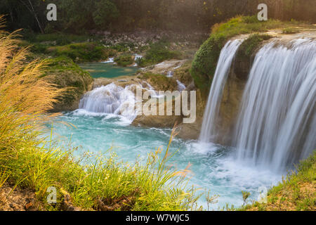 Le cascate del Las Golondrinas a Las Nubes (Centro Ecoturistico Causas Verdes Las Nubes) sul fiume Santo Domingo sulla periferia della Selva Lacandona / Montes Azules Riserva della Biosfera, Costa Rica. Aprile 2014. Foto Stock