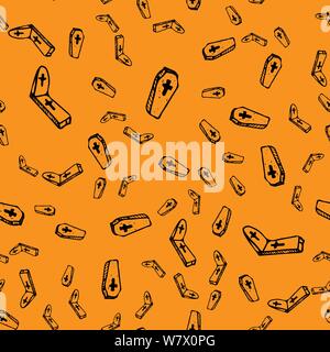 Schizzo Halloween lapide e feretro contorno senza giunture. La lapide di Halloween e la bara di contorno senza giunture in una disegnati a mano stile. Ottobre harvest backgro Illustrazione Vettoriale