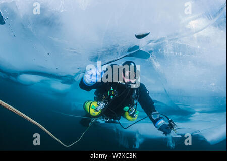 Diver esaminando rotto formazioni di ghiaccio sott'acqua. Lago Baikal, Russia, marzo 2012. Foto Stock