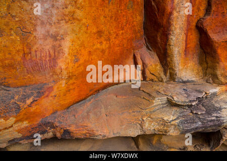 Le figure umane in arte rock, Sevilla Bushman Arte Rock Trail, Clanwilliam, montagne Cederberg, provincia del Capo Occidentale, Sud Africa, settembre 2012. Foto Stock