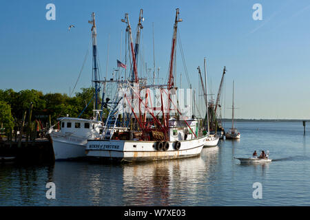 Gamberetti barche ormeggiate su Shem Creek nella città di Mount Pleasant, South Carolina, Stati Uniti d'America. Foto Stock