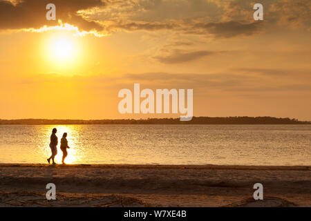 Due persone che passeggiano lungo la spiaggia al tramonto all'estremità sud di Edisto Island, South Carolina, Stati Uniti d'America. Foto Stock