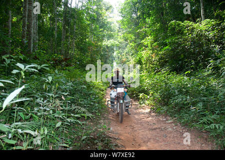 Uomo in sella moto attraverso la foresta pluviale di Ituri, nella Repubblica democratica del Congo, Africa, dicembre 2011. Foto Stock