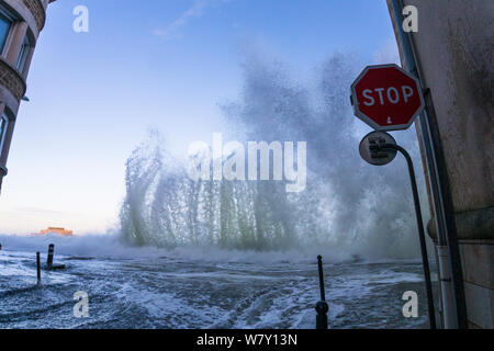 Molla di onde di marea rizzatura del lungomare e street, Saint-Malo, Ille-et-Vilaine Bretagna, Francia. Febbraio 2014. Foto Stock