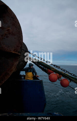 Pescatore tira dragger net torna sul peschereccio. Stellwagen Bank, New England, Stati Uniti, Nord Oceano Atlantico, dicembre 2011. Modello rilasciato. Foto Stock