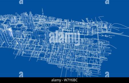 Delineare il concetto della città. Filo-stile cornice Illustrazione Vettoriale