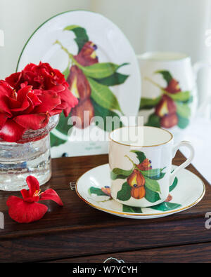 Tazza di caffè da Jenny Mein's ackee giamaicano raccolta con fiori Foto Stock