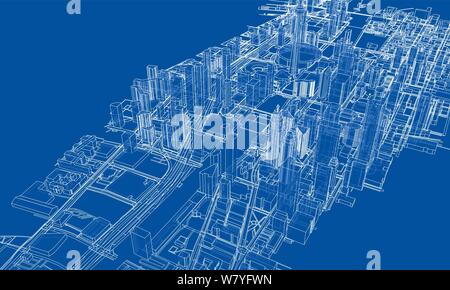 Delineare il concetto della città. Filo-stile cornice Illustrazione Vettoriale