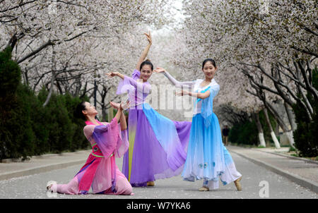 Gli studenti dal dipartimento di danza del normale di Shandong University vestito in cinese tradizionale costume pongono in Ji'nan city, est della Cina di Shandong Foto Stock