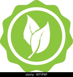 Verde cibo organico badge adesivo o con foglie illustrazione vettoriale Illustrazione Vettoriale