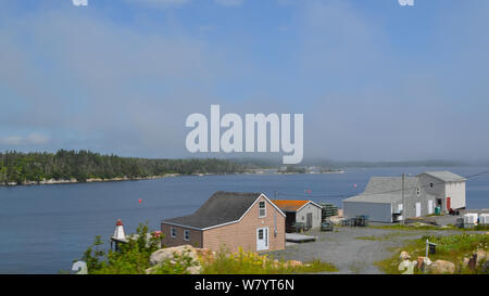 Estate in Nova Scotia: nebbia che si insinua in una grotta lungo il percorso del faro nei pressi di Peggy's Cove Foto Stock