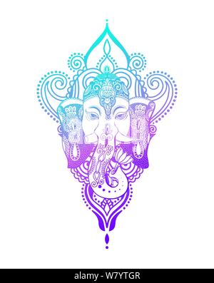 Signore ganesha testa con lotus disegno - spirito indiano elefante animale tatuaggio o yoga design illustrazione vettoriale Illustrazione Vettoriale