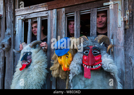 Le maschere utilizzate per il carnevale di Dreznica, Dreznica, sulle Alpi Giulie, Slovenia, ottobre 2014. Foto Stock