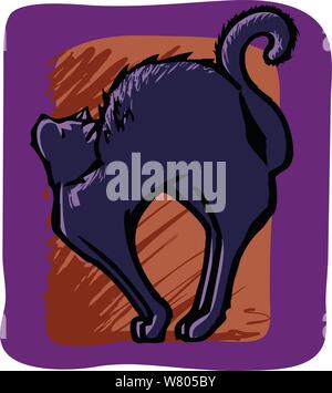 Gatto nero con una coda arricciata stiramento nella parte anteriore di un viola & sfondo arancione Illustrazione Vettoriale