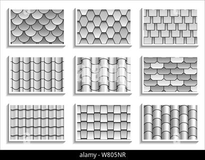 Set di scale di grigi seamless tegole del tetto texture. In bianco e nero motivi grafici di materiali sul tetto Illustrazione Vettoriale