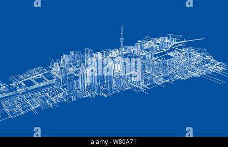 Delineare il concetto della città. Filo-stile cornice Illustrazione Vettoriale