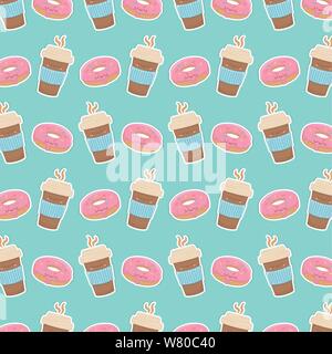 Caffè e ciambelle kawaii caratteri pattern illustrazione vettoriale design Illustrazione Vettoriale