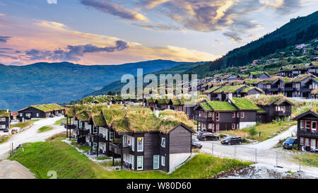 Myrkdalen, Hordaland, Norvegia, Scandinavia - Luglio 28, 2019: tipici tradizionali case norvegesi con naturale tetti verdi in Myrkdalen in Norvegia Foto Stock
