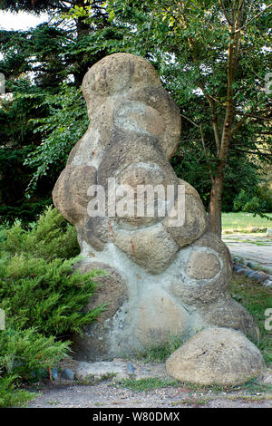 Ammonita pietrificato, che assomiglia a un residente straniero, contro lo sfondo della foresta Foto Stock
