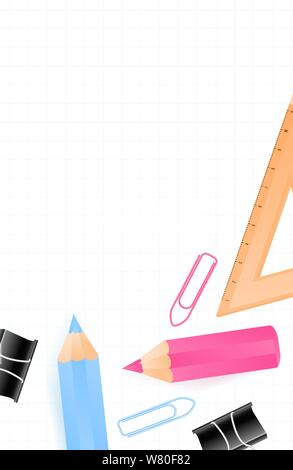 Si torna a scuola vendita banner, poster sfondo. Posto per testo, matite multicolore e altre forniture scolastiche sul foglio di notebook. Layout per lo sconto Illustrazione Vettoriale