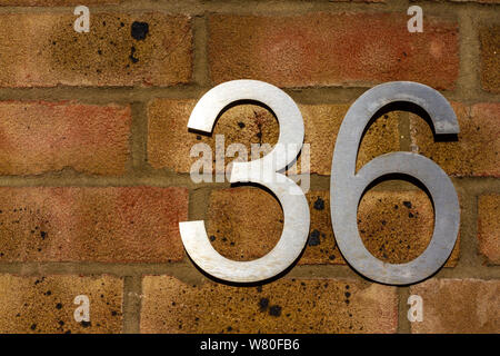 Il numero civico 36 in metallo lucido su cifre in rosso di un muro di mattoni Foto Stock