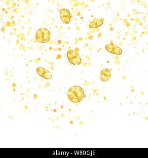 Realistica delle monete in oro una caduta dall'alto. Metallo giallo denaro sulla caduta dei coriandoli sfondo Illustrazione Vettoriale