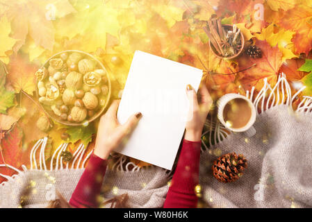 Il tempo di lettura. Autunno laici piana. Il Libro bianco, ciotola di legno di dadi, tazza di caffè, il cono, cannella sopra beige plaid e foglie colorate sullo sfondo. Hygge e Foto Stock