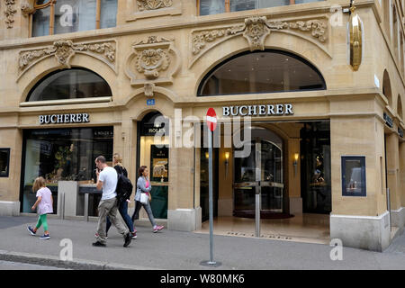 Una vista di Bucherer, un orologio di lusso maker a Basilea in Svizzera Foto Stock