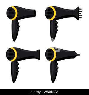 Cartoon nero asciugacapelli impostato. Salone di bellezza attrezzo. Parrucchiere attrezzature illustrazione vettoriale per icona, timbro, etichetta, certificato, brochure, depliant, post Illustrazione Vettoriale