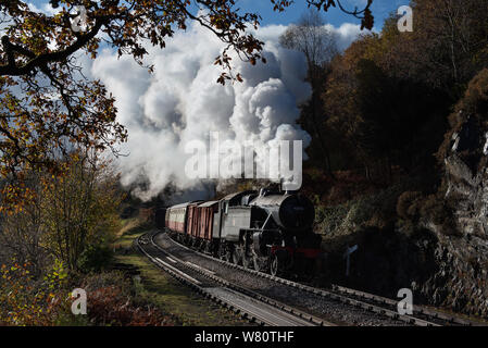 Fairburn 42073 Serbatoio funziona un treno sul lungolago e la stazione ferroviaria Haverwaite. Foto Stock